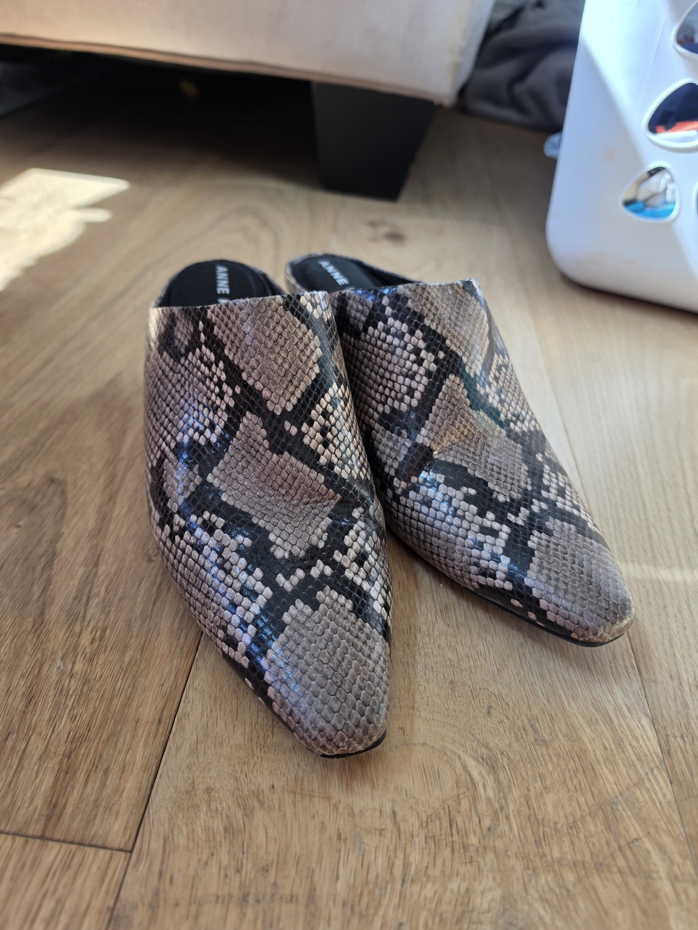 Snake-Print Slip-On Mules in Taupe and Black